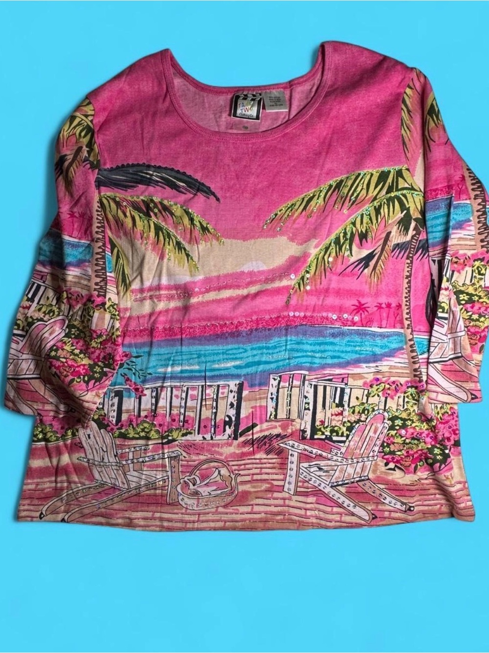 Vintage Y2K Take Two Clothing Co. Tropical Sequin Graphic Top XL